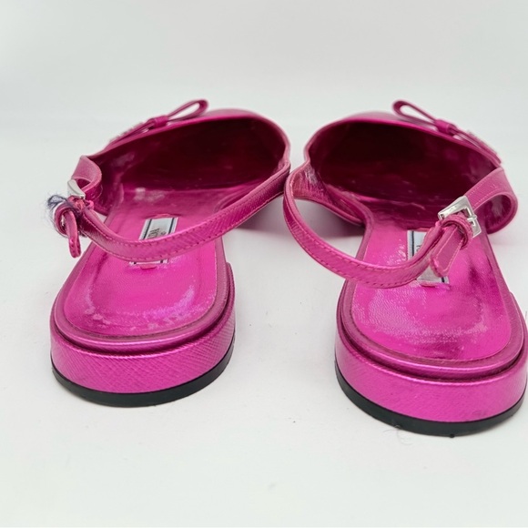 Prada Fuschia Pink Saffiano Leather Bow logo embellished slingback ballet flats - Picture 3 of 8